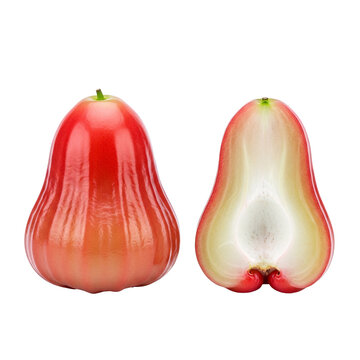 Fresh whole rose apple with half section on clear background.