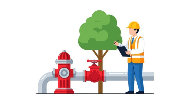 Worker Inspecting Fire Hydrant and Water Valve System