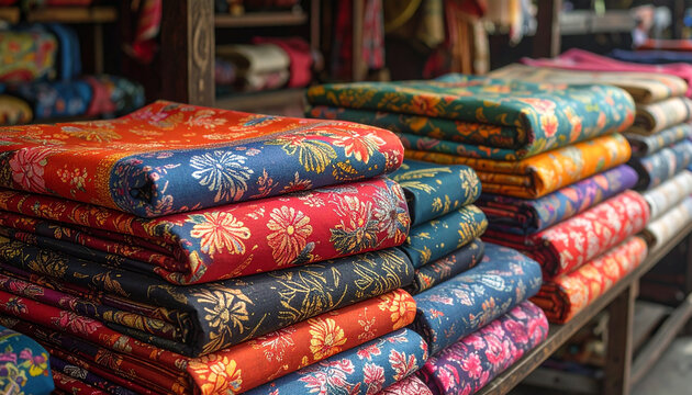 Colorful stacked textiles with floral patterns and various vibrant hues displayed