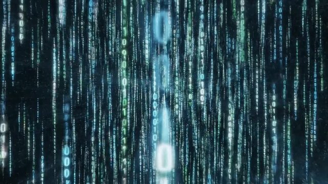 Falling binary code matrix on a dark digital background