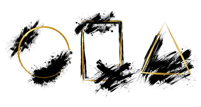 Grunge watercolor paint brush frame collection with gold geometric shapes and artistic borders