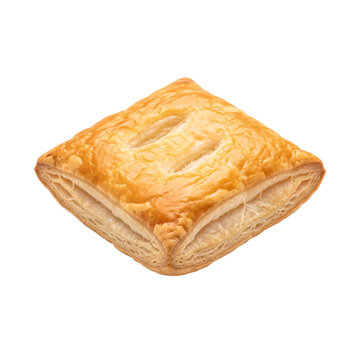 Golden flaky puff pastry square isolated on transparent base.