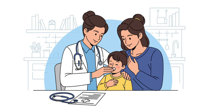 Doctor examining a child with mother present at clinic.