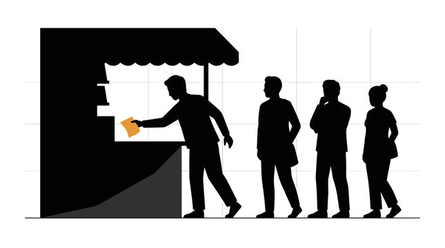 People Queuing at Market Stall Vendor Handing Document Silhouette Vector Illustration