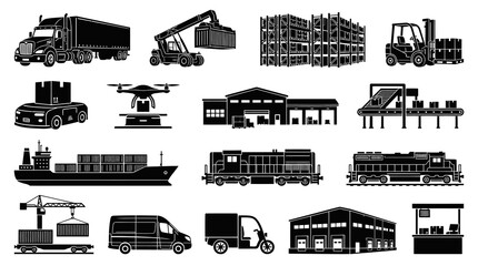 Obraz premium Black White Icons of Logistics and Warehouse Objects, Flat Style