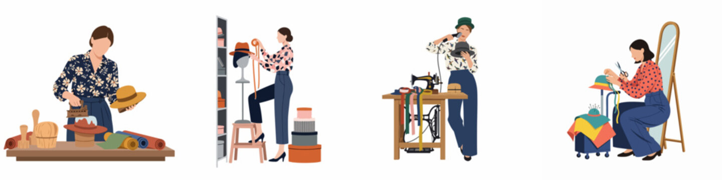 Set of four flat vector illustrations depicting milliners crafting handmade hats using traditional tools, sewing machines, and vintage techniques in their workshop.