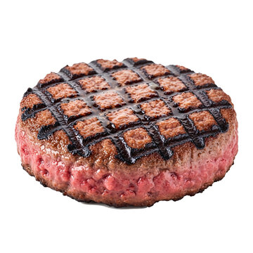Grilled beef burger patty isolated on transparent background.