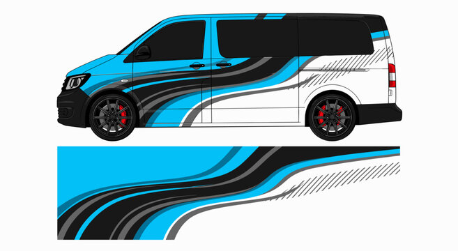 Modern blue wave pattern vehicle wrap for transit vans.