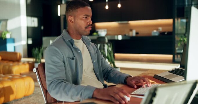 Creative, black man and remote work in home with computer, research and report for copywriting. Male person, review and freelancer at house with pc, proofreading and typing email for story submission