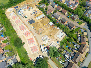 Interesting drone UAV view of a small housing development seen in early summer in Cambridgeshire, UK. © Nick Beer