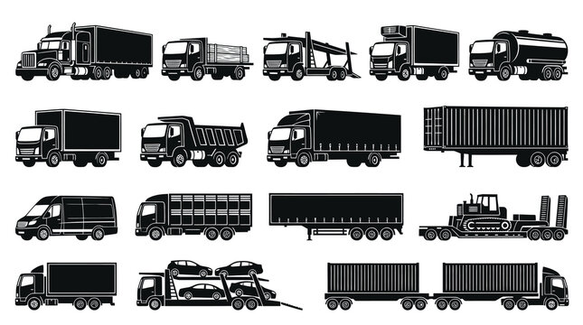 Black and White Line Art Commercial Transportation Trucks and Trailers Vector Icons Set