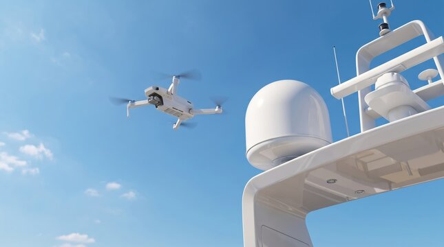 White quadcopter drone flying near marine radar antenna on a yacht deck for aerial surveillance and maritime inspection technology concept