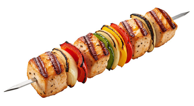 Grilled chicken kebab skewer with bell peppers and onions now.