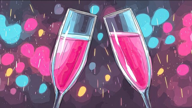 ピンクシャンパンで乾杯する華やかなパーティーイラスト