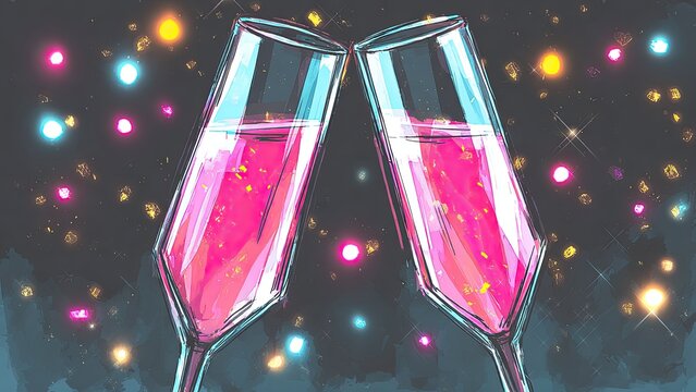 きらめく光に包まれたシャンパングラスの乾杯イラスト