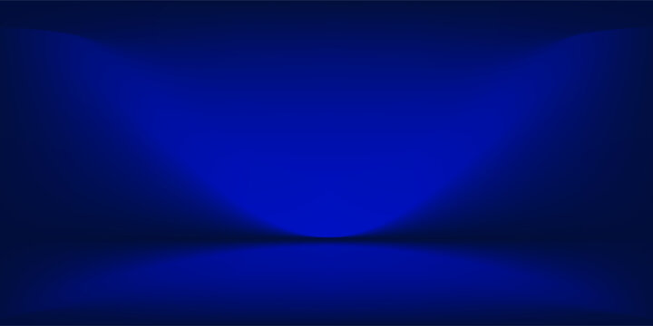 Blue studio gradient background. Abstract empty room backdrop. 3d vector cool light texture. Luxury neon lights limbo bg. Dark festive color bg. Modern photo studio spotlight glow podium gradation