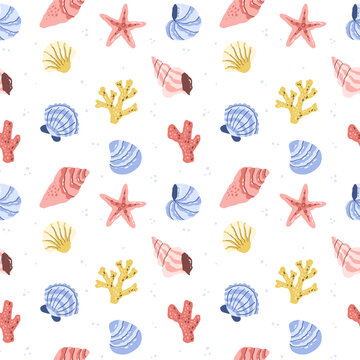 Sea shells pattern starfish and corals. Marine underwater summer background. Hand drawn vector illustration in simple naive style