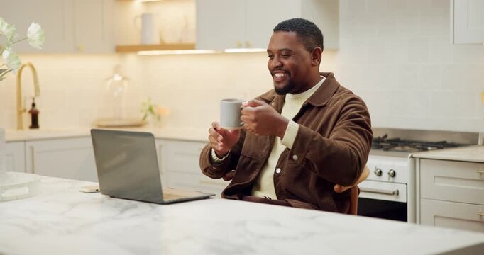 Remote work, laptop and black man with coffee in kitchen, financial feedback or send email for audit. Drink, home or freelance accountant with tech for report submission, bookkeeping records or smile