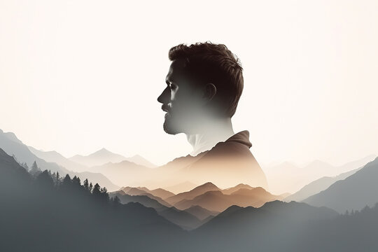 Silhouette of man blending with mountain landscape on white background. National Park Week. conceptual image expressing peace, meditation, and connection with nature.