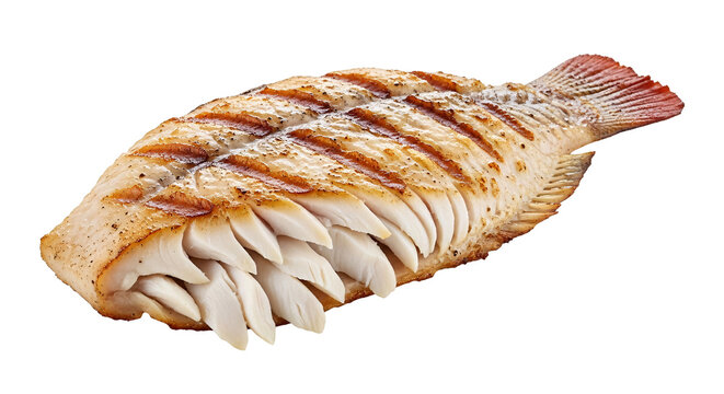 Grilled whole fish with char marks and flaky white meat skin.