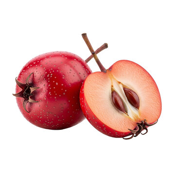 Hawthorn fruit pair with stems isolated on white background.