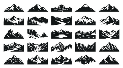 Fototapeta premium Outdoor Adventure Mountain Peaks and Nature Landscapes Silhouette Vector Icon Collection for Travel and Geography