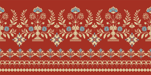 Seamless ornamental floral border pattern in elegant Persian and ethnic chintz style. Traditional vase and flower motif on a terracotta red background for textile, fabric, vintage wallpaper, stationer © Thitichot