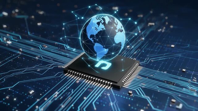 Digital globe resting on glowing blue processor circuit board.