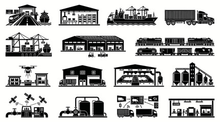 Obraz premium Logistics and Industrial Icons: Warehouse, Truck, Ship, Train, Drone, Silo