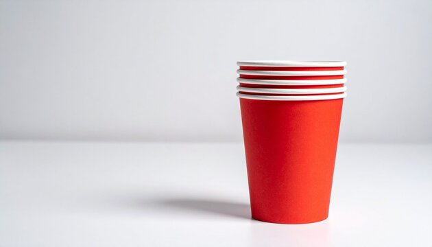 Single red paper cup beside stacked group on white surface, symbolizing repetition, minimalism, balance, and everyday design simplicity.