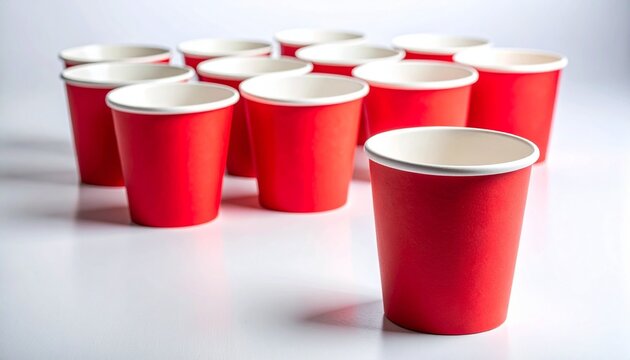 Single red paper cup beside stacked group on white surface, symbolizing repetition, minimalism, balance, and everyday design simplicity.