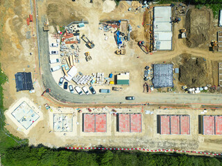 Interesting drone UAV view of a small housing development seen in early summer in Cambridgeshire, UK. © Nick Beer