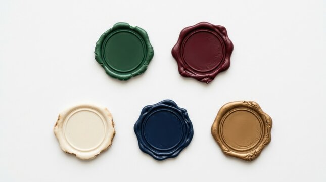 Collection of five blank colorful wax seals in green, burgundy, cream, blue, and gold on a white background, perfect for adding an elegant, traditional, or luxurious touch to invitations, certifica...