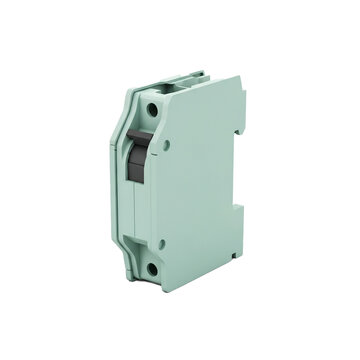 Modern pale green plastic circuit breaker with a dark grey toggle switch, designed for electrical safety and industrial applications.