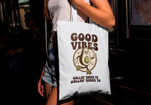 Canvas Tote Bag on Person in Subway Mockup