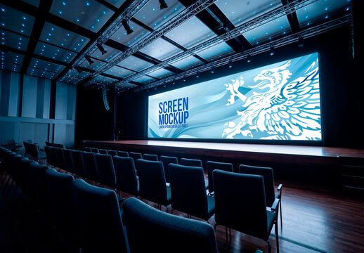 Large conference stage screen mockup in auditorium