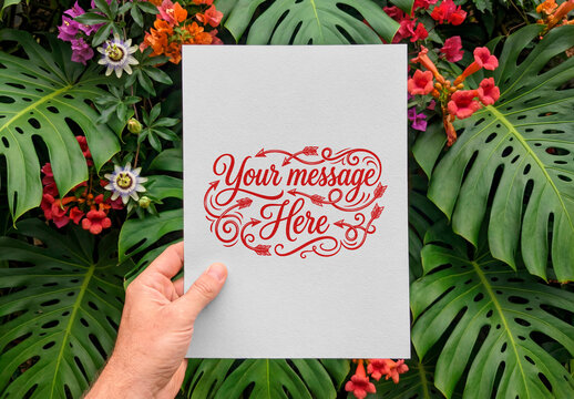 Blank paper mockup held over tropical leaves and colorful flowers