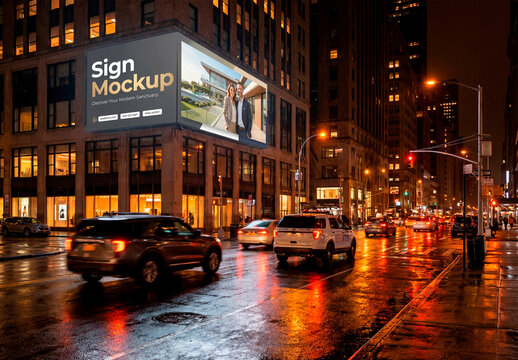 City building billboard mockup at night with traffic and reflections