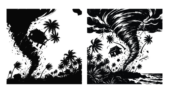 Hurricane Silhouette With Tropical Island And Palm Trees Black And White