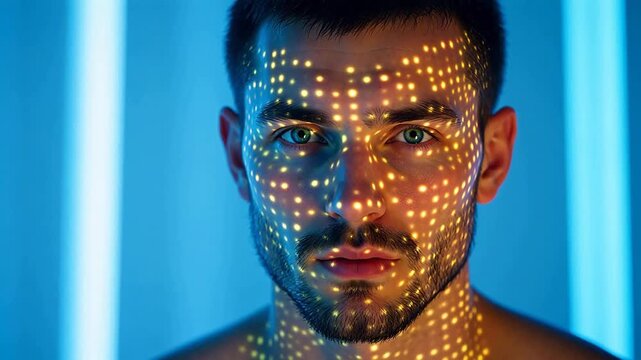 Man with glowing dot pattern on face