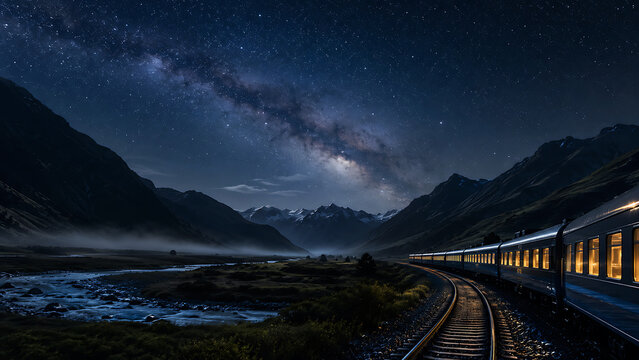 Night Train Through Mountain Valley Under Milky Way Scenic Starry Landscape Travel Concept