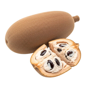 Ripe dika fruit cut in half isolated on a transparent backdrop.