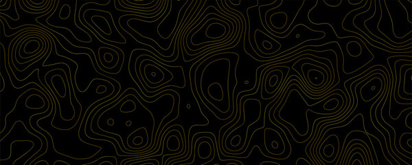 Topographic map contour lines in gold on a solid black background, abstract geographic elevation pattern © VxGFX