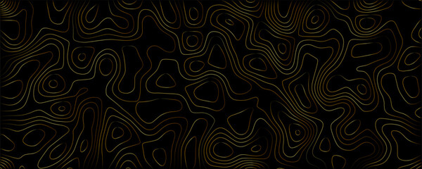 Gold topographic map contour lines pattern on a solid black background, abstract geographic elevation lines © VxGFX