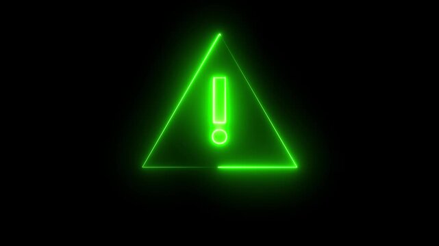 Neon glowing warning sign animation with exclamation mark inside a rotating pink and red triangle on a black background.