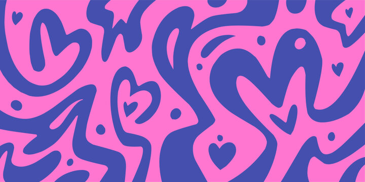 Abstract groovy wavy love pattern background. Minimalist retro valentine fluid lines backdrop with heart shapes in pink and blue