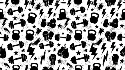 Fototapeta premium Fitness and boxing gym equipment seamless pattern in grunge style