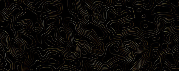 Gold topographic map contour lines pattern on a solid black background, abstract geographic elevation lines © VxGFX