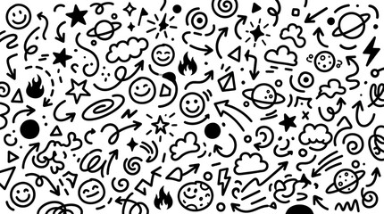 Fototapeta premium Playful hand drawn doodle elements with arrows stars and smiley faces