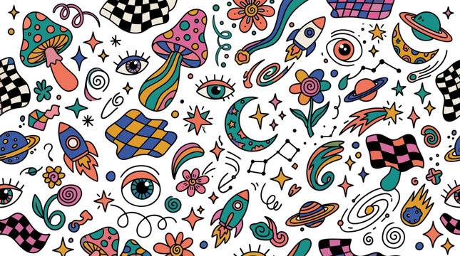 Retro psychedelic seamless pattern with cosmic mushrooms and eyes
